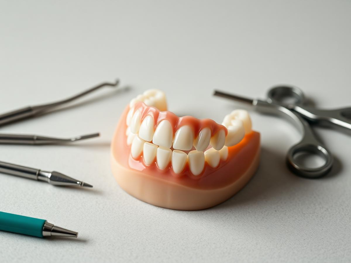 A set of complete dentures beside dental instruments