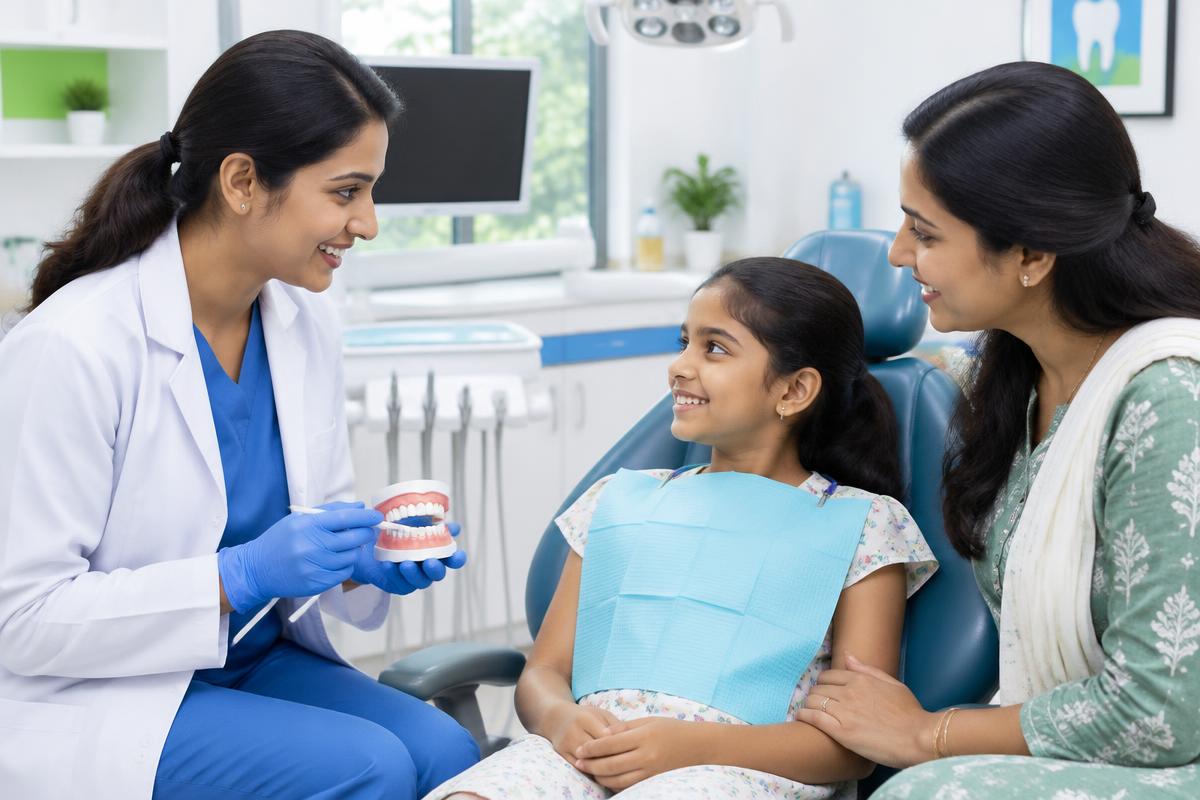 A family discussing dental care
